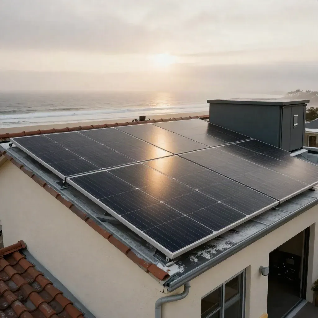 Coastal roof with solar panels, battery cabinet, and ocean horizon in dramatic light.