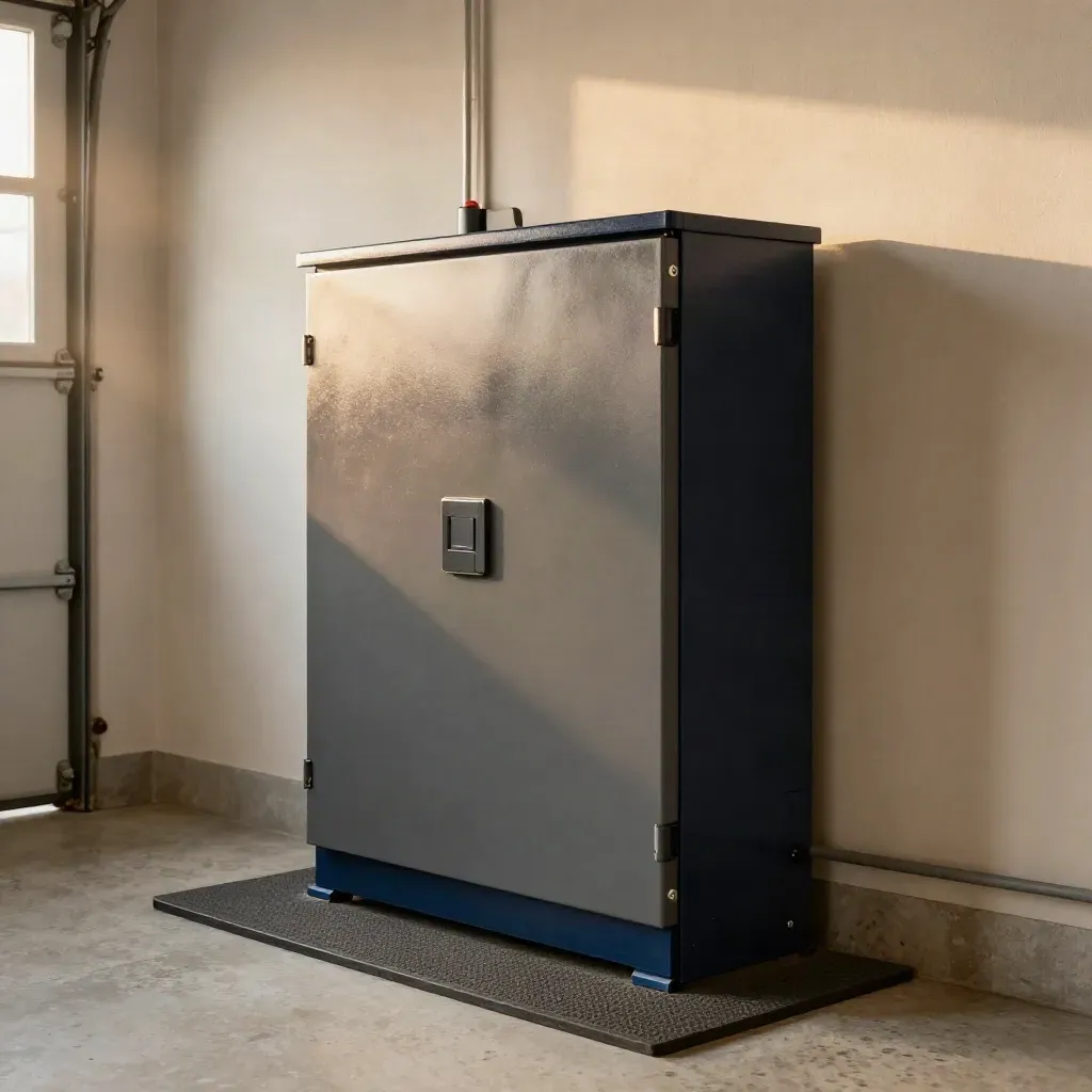 Garage battery storage wall with cabinet, breaker box, conduit, and rubber mat in warm late light.