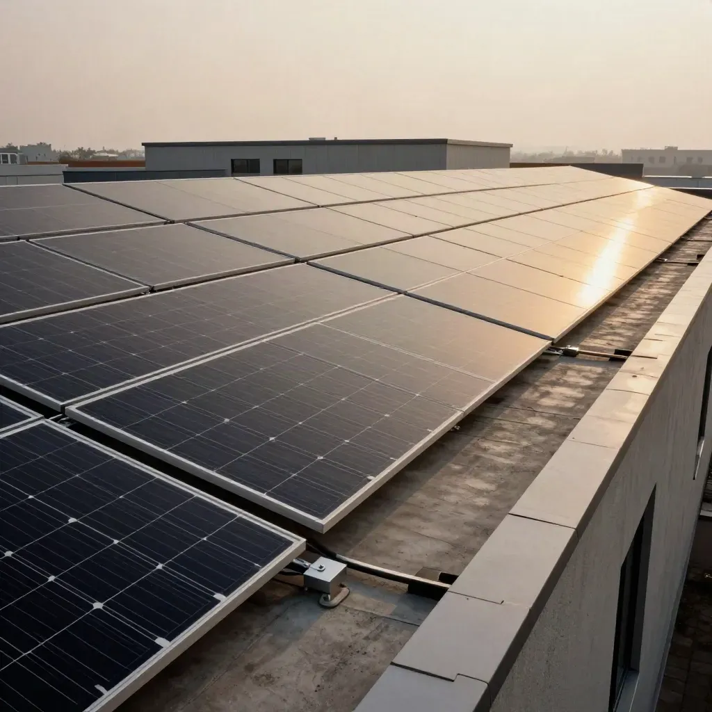Fresh rooftop solar array on a modern low-rise building at golden hour