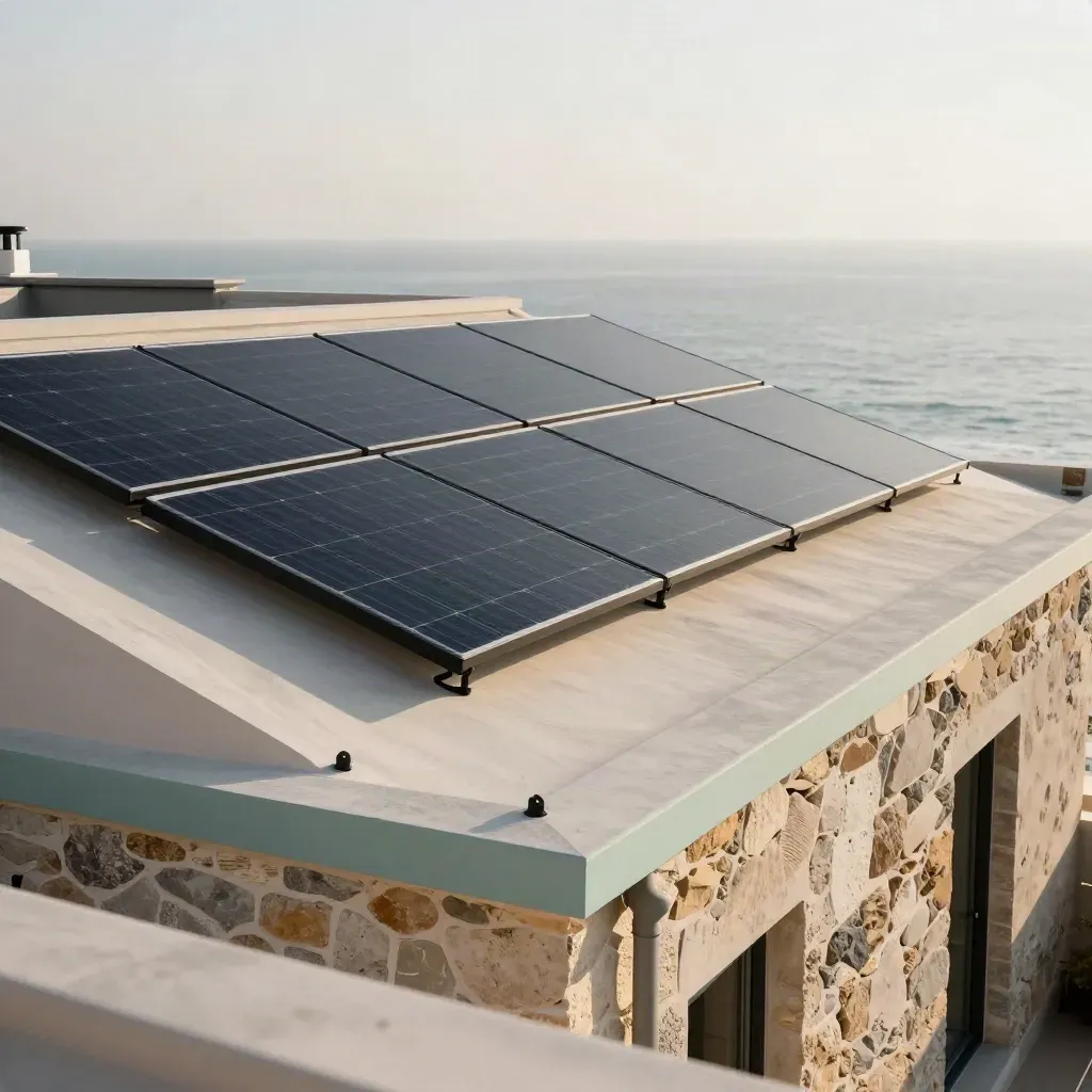 Coastal rooftop solar layout with evenly spaced panels and neat conduit in warm late light.