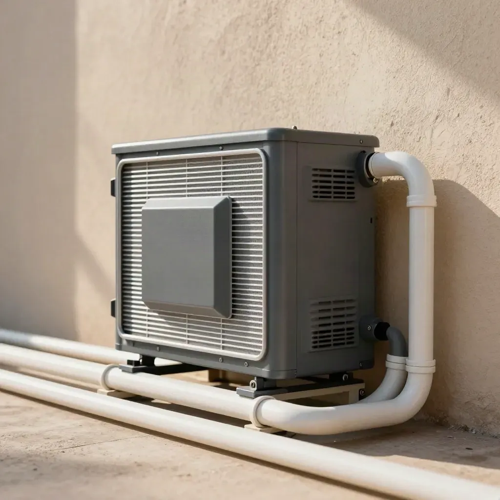 Wall-mounted solar inverter stack and disconnect box on a stucco utility wall in bright sun.