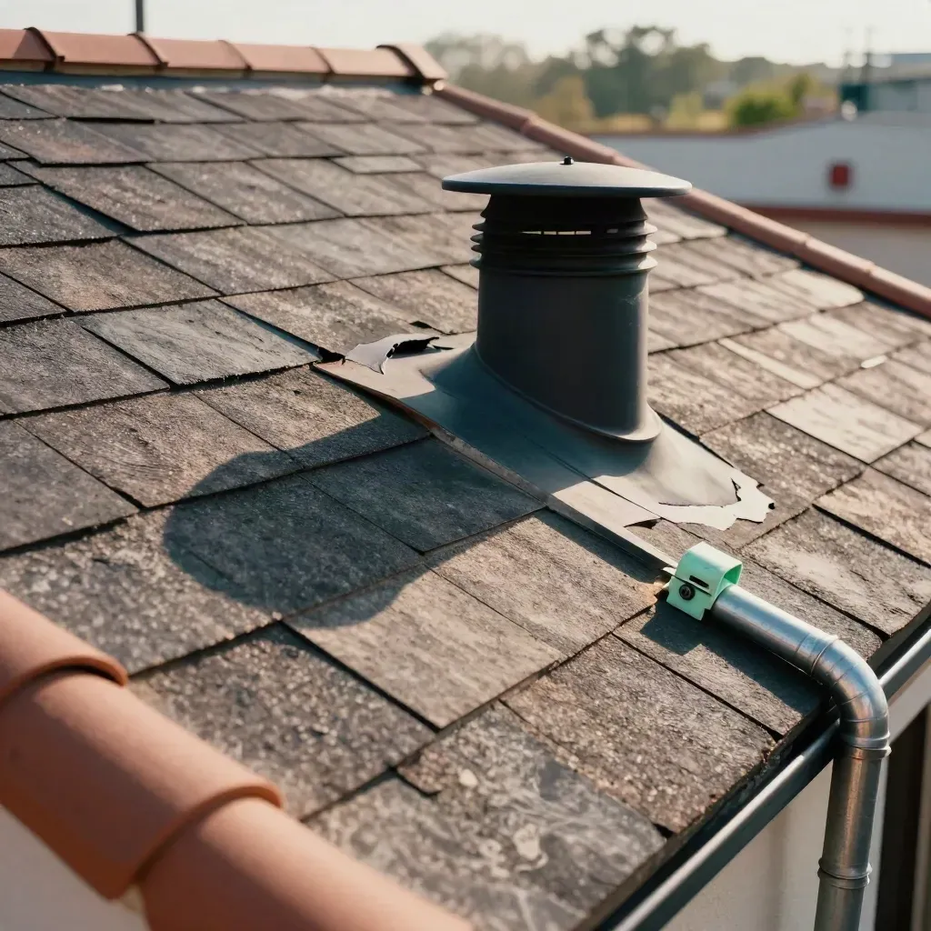 Sunlit roof audit view with vent stack, conduit and heat shimmer across shingles.