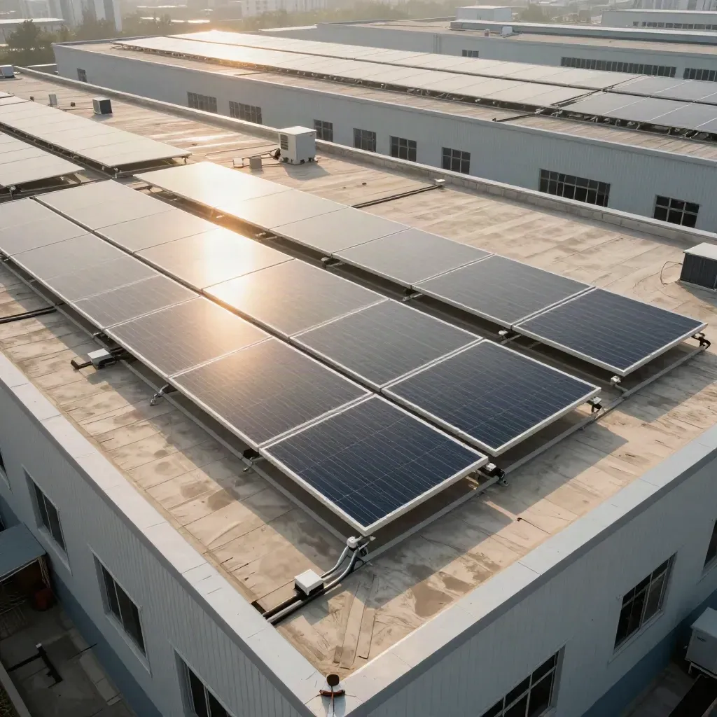 Wide rooftop solar array above an industrial shop, HVAC units below, morning haze and sunlit reflections.