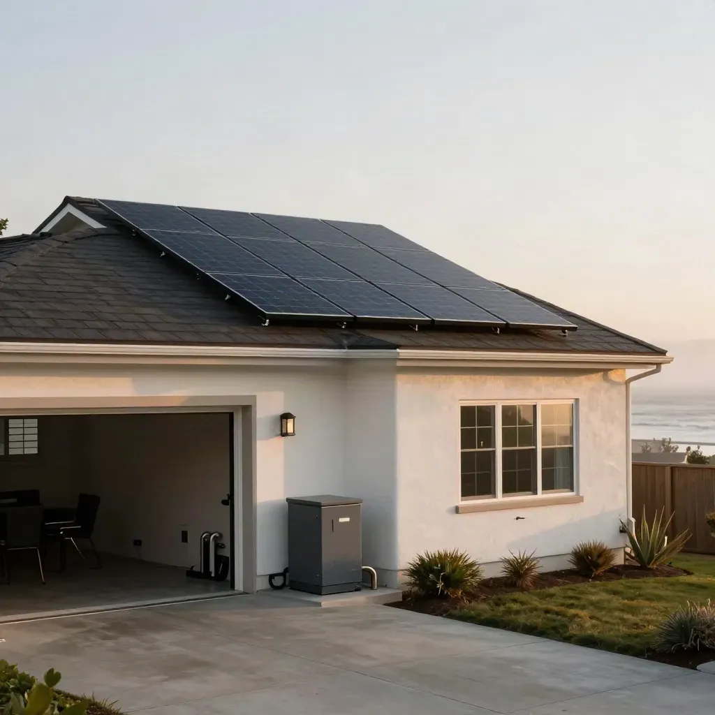 Coastal stucco home with black rooftop solar panels and a battery cabinet in a garage opening.