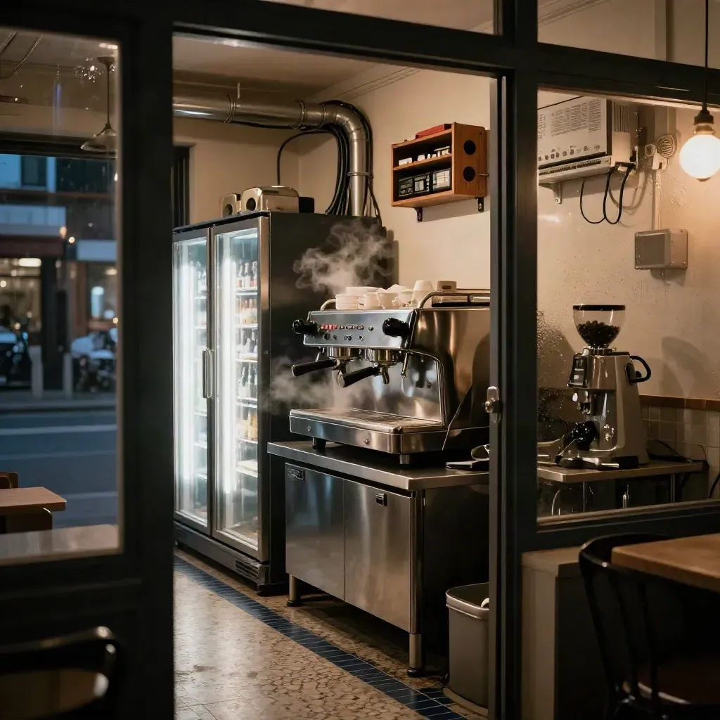 Empty cafe interior with running solar storage, glowing fridges, espresso machine and dark street reflections.