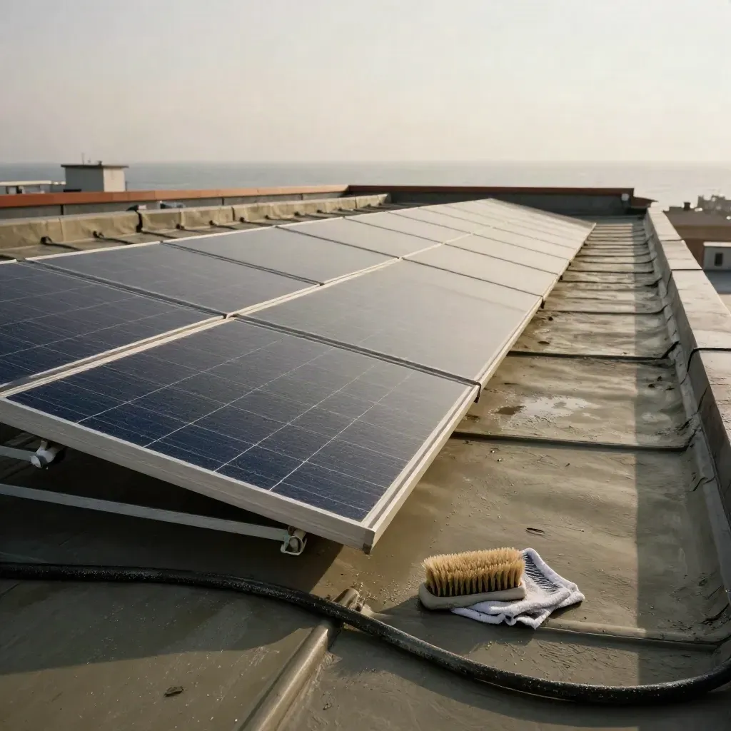Freshly rinsed solar panels on a rooftop, mist and hose coil, gleaming after maintenance.