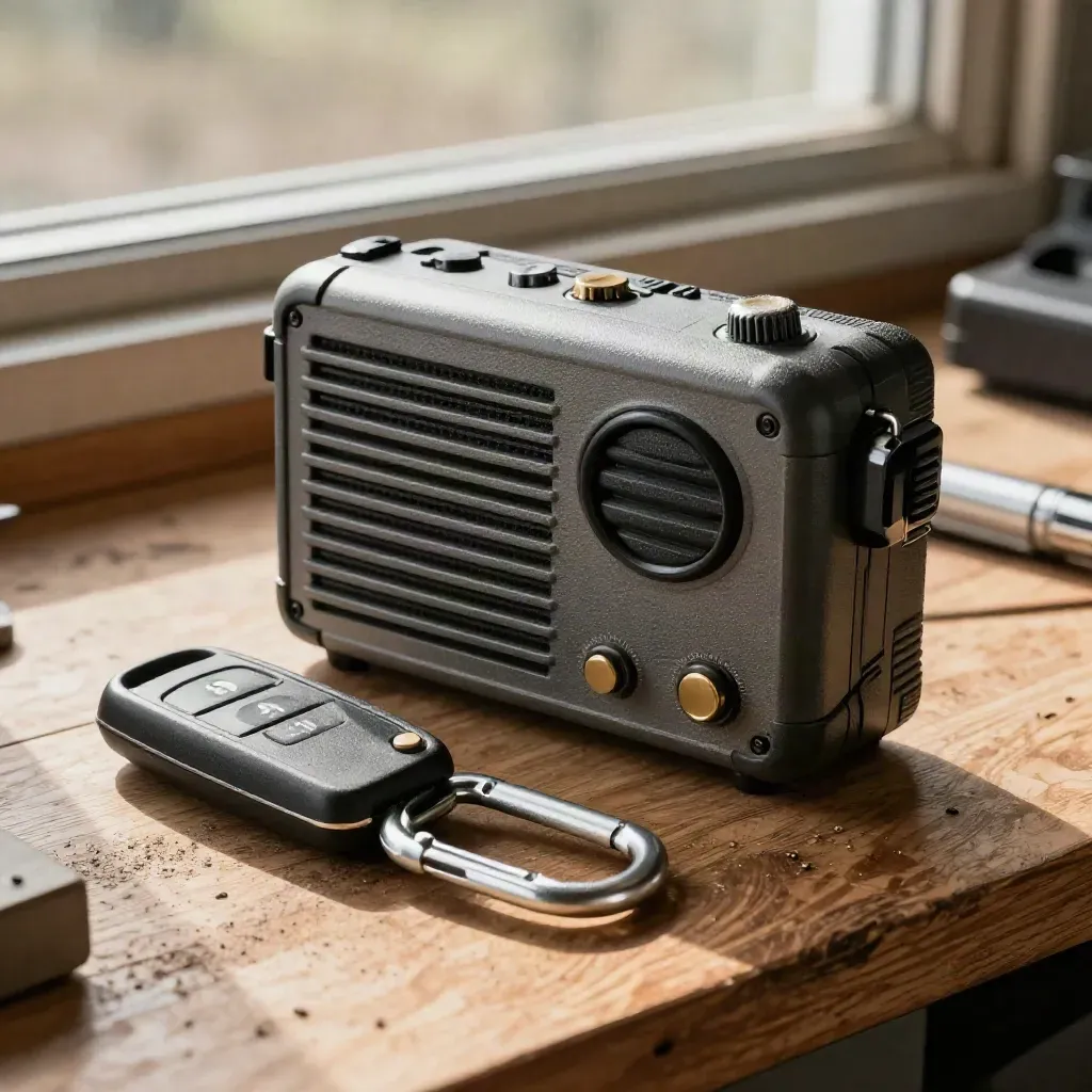 Field radio, truck fob, carabiner and pen cap on a workshop bench in raking light.