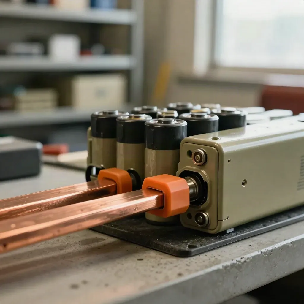 Macro battery terminals and copper busbars on a service bench, with orange disconnect cap
