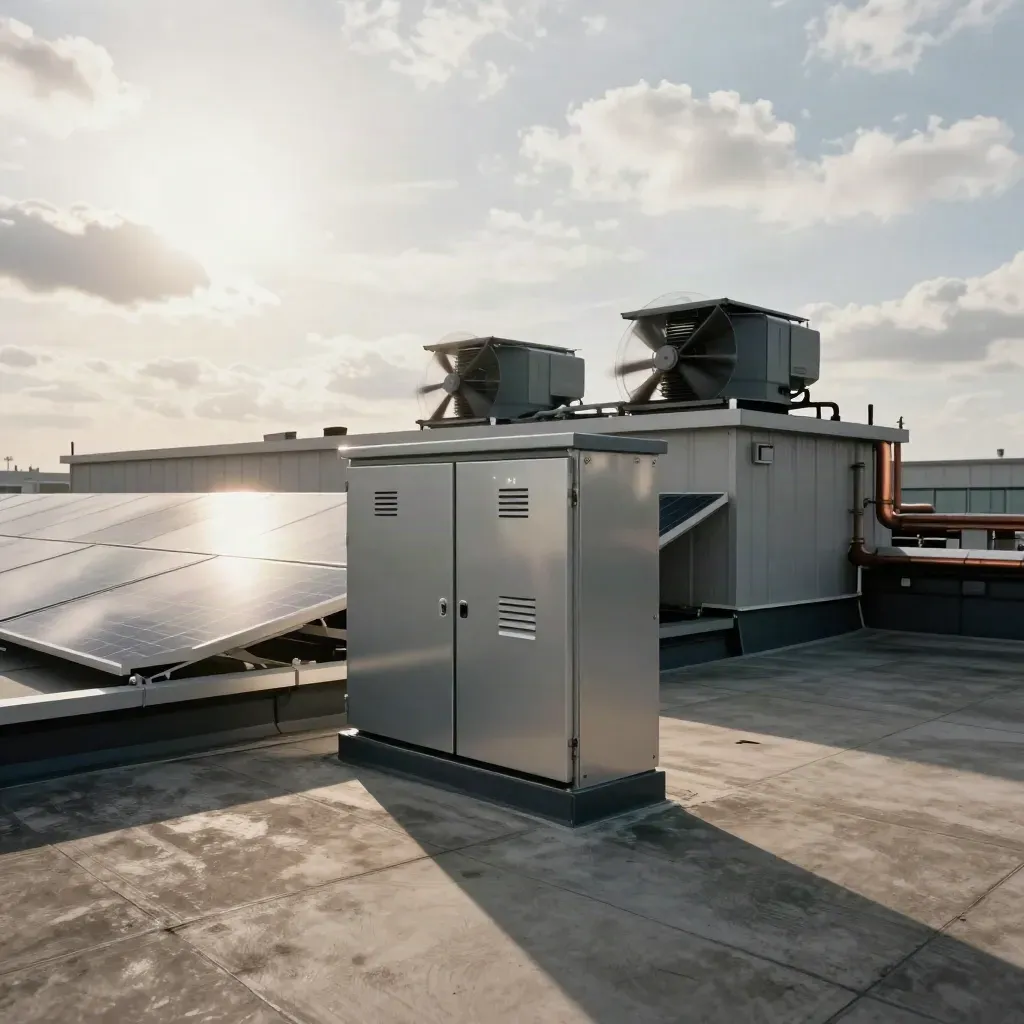 Rooftop solar panels, inverter cabinet, and mechanical penthouse under a bright sky.