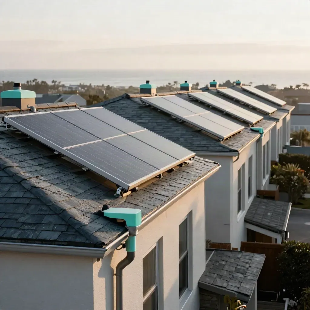 Shared townhouse roofs with finished solar panels under soft sunrise and marine haze.