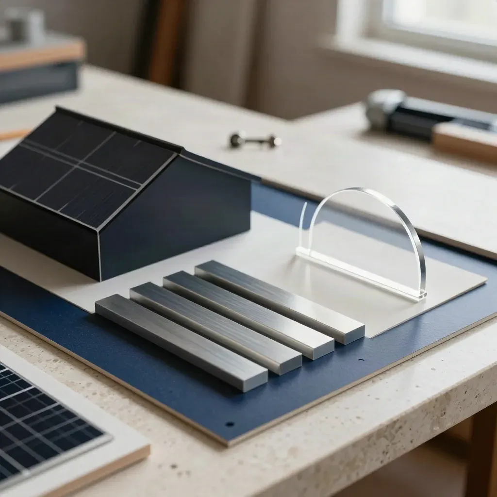 Solar design mockup with roof model, rail samples, and acrylic sun arc on travertine.