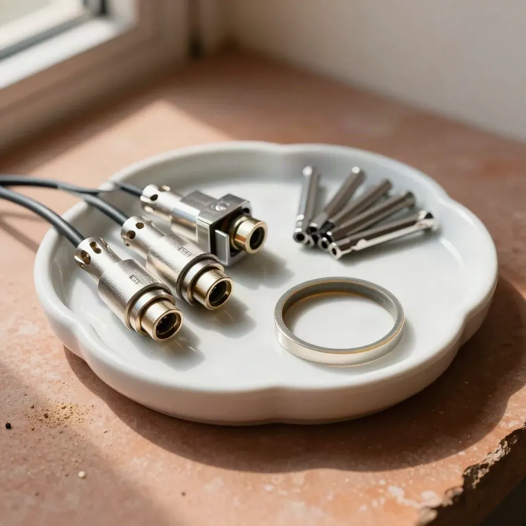 Overhead still life of solar connectors, fuse, hex bits and gasket ring on a terracotta stone tray.
