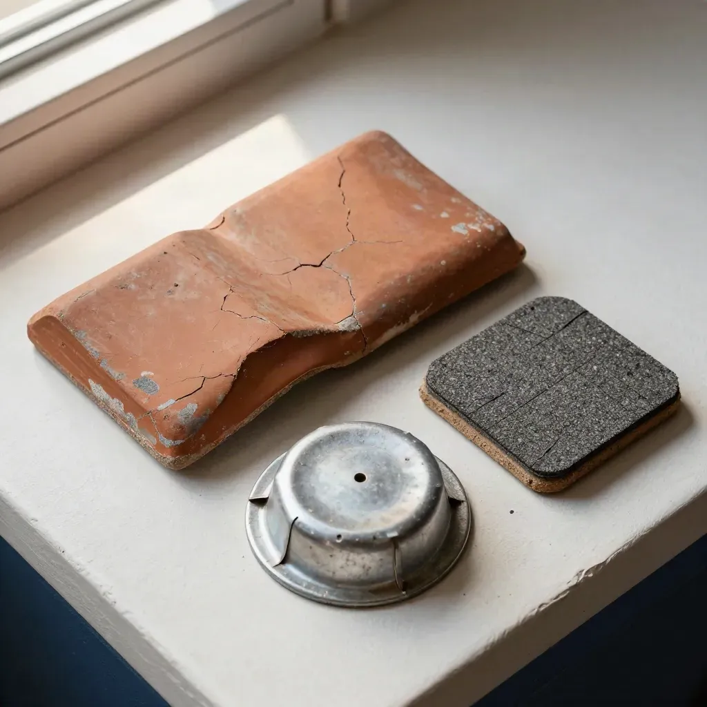 Top-down roof tile, shingle sample, and vent cap on pale plaster with a navy accent