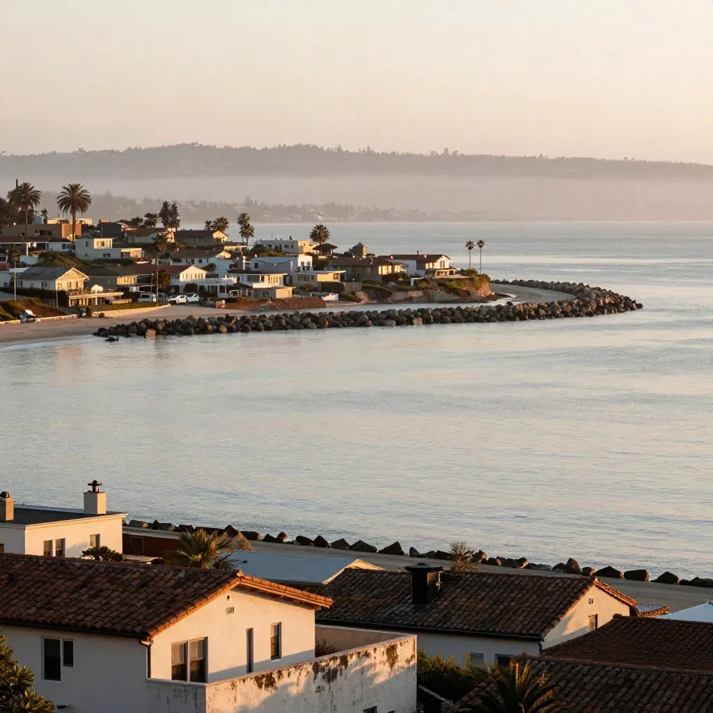 Elevated view of San Diego coastline with terraced neighborhoods, breakwater, and hazy open water