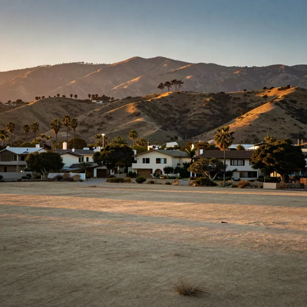 Golden hour Orange County foothills with palms and glowing Santa Ana Mountains.