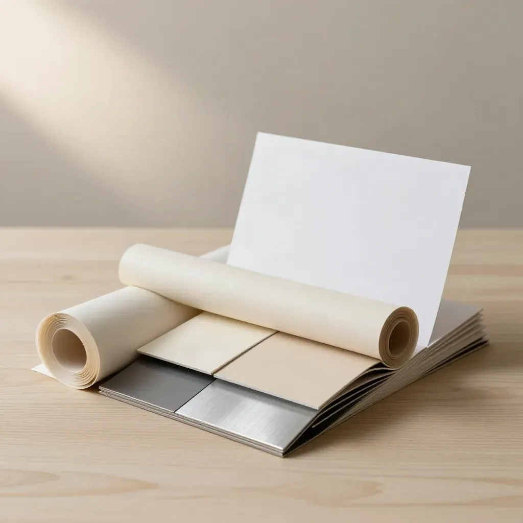 Rolled site sheets, aluminum sample board, and neutral color chips on pale wood.