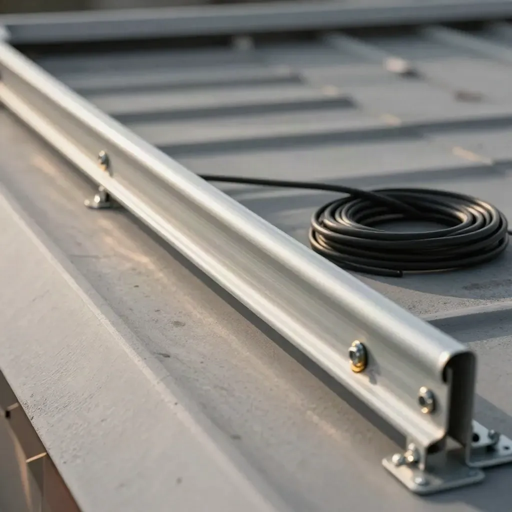 Solar mounting rail, flashing, bolts, and cable on a sunlit roof deck before panel placement.