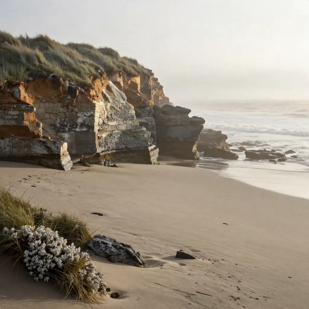 North County Coast bluff at dawn with fog, dune grass, seawall and calm ocean haze.