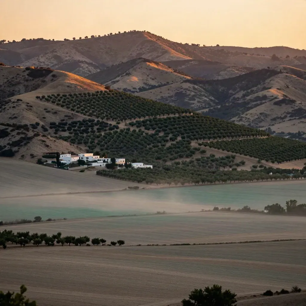 Sunset vista over Riverside County citrus rows, chaparral hills, and valley rooftops