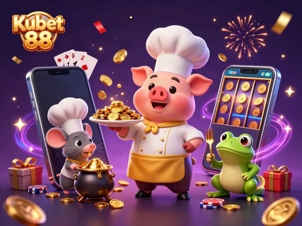Engage with Kubet 88's dynamic casino scene featuring a chef pig serving gold coins, a sous-chef mouse, and a frog critic.