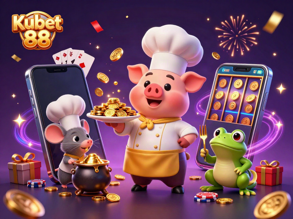 Engage with Kubet 88's dynamic casino scene featuring a chef pig serving gold coins, a sous-chef mouse, and a frog critic.