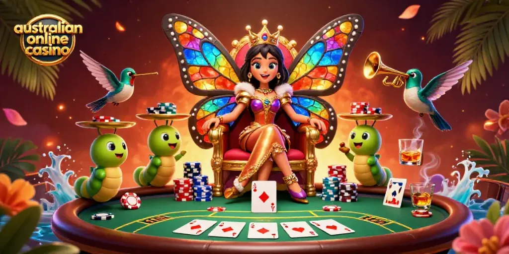 Experience the vibrant energy of an australian online casino featuring a butterfly queen, poker elements, and dynamic visuals.