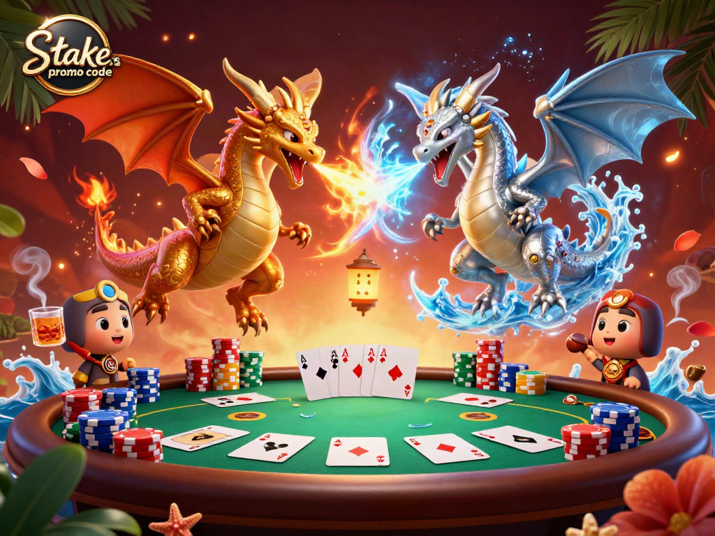 Experience thrilling gameplay with Stake.us promo code bonuses in this vibrant casino scene featuring dragons and poker elements.