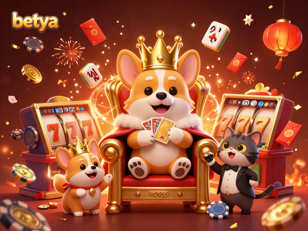 Experience the vibrant world of Betya casino with a royal corgi and festive gaming elements.