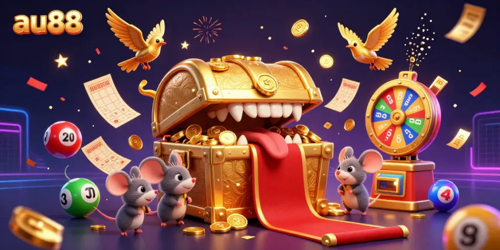 Engage with au88's thrilling casino experience through our dynamic, colorful lottery-themed illustration.