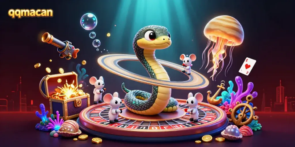 Engage with qqmacan on this vibrant cosmic casino scene featuring a roulette wheel and playful astronaut mice.