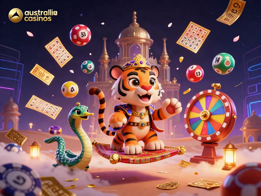Experience excitement at australia casinos with a magical desert scene showcasing a charming tiger sultan.