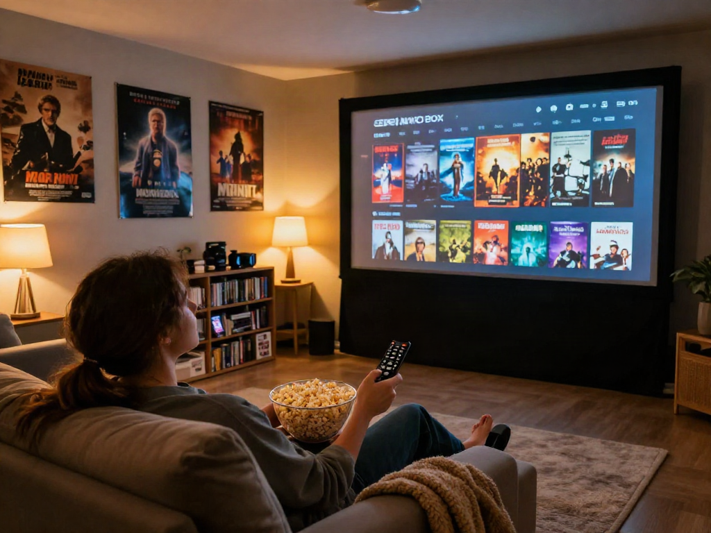 Enjoying Moviebox in a cozy home theater setup with popcorn and classic movie posters.