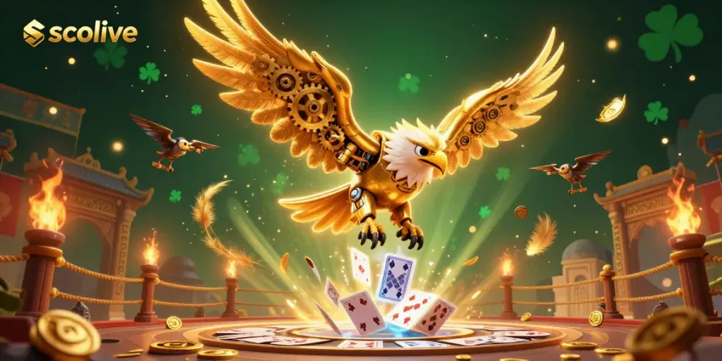 Socolive showcases a thrilling cybernetic eagle diving through holographic cards in a vibrant casino atmosphere.