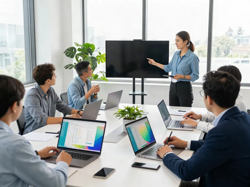 Collaborative professionals discussing strategies to start a service bureau in a modern office.
