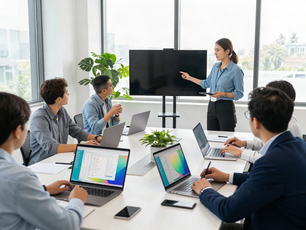 Collaborative professionals discussing strategies to start a service bureau in a modern office.