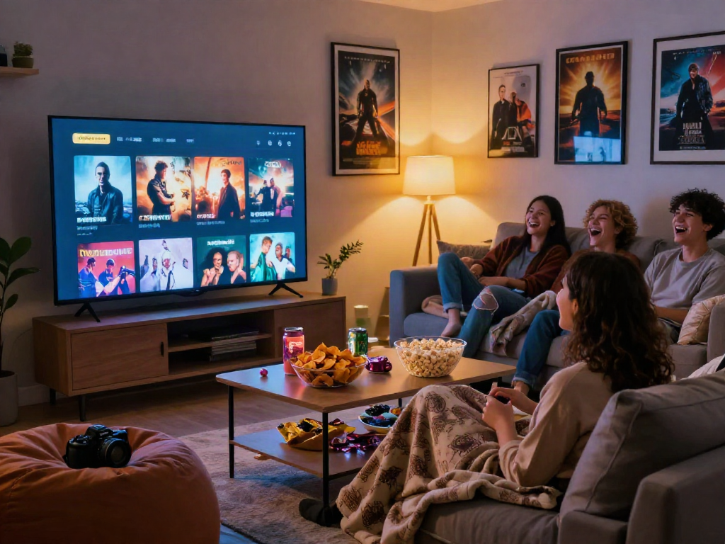 A moviebox-themed home movie night setup with friends enjoying films and snacks