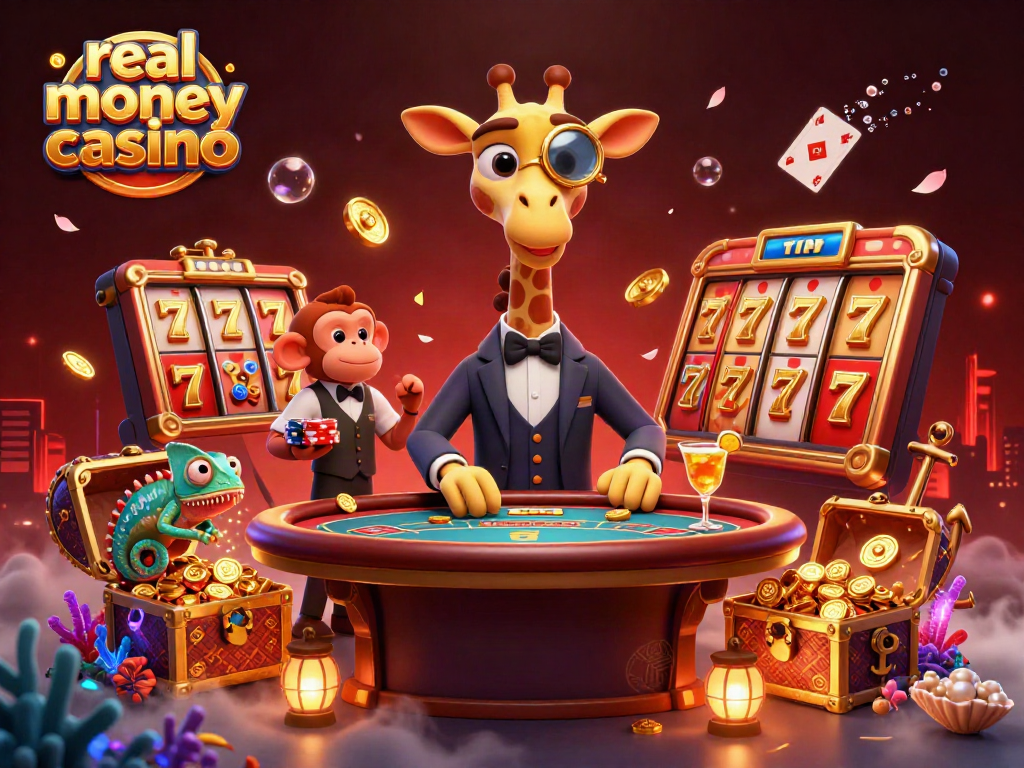 Experience the excitement of a real money casino with our vibrant 3D illustration showcasing high-roller characters and slot games.