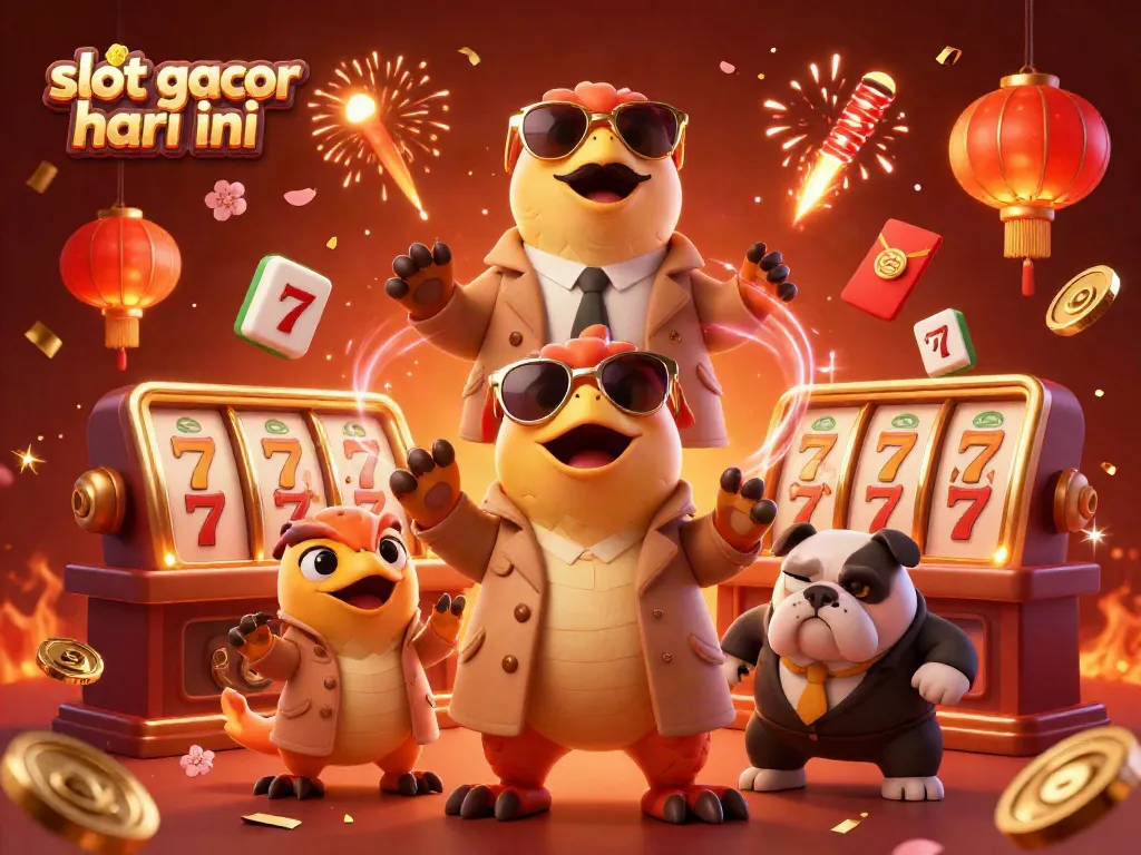Experience the thrill of slot gacor hari ini with animated raptors and a vigilant bouncer in a vibrant casino scene.