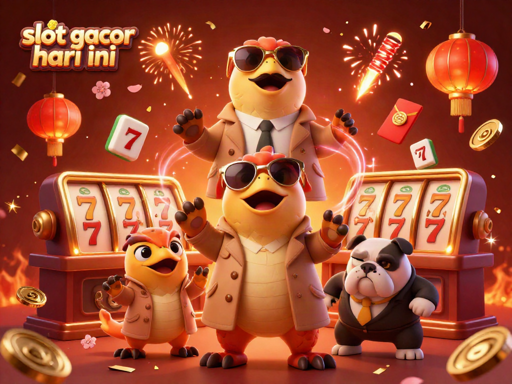 Experience the thrill of slot gacor hari ini with animated raptors and a vigilant bouncer in a vibrant casino scene.