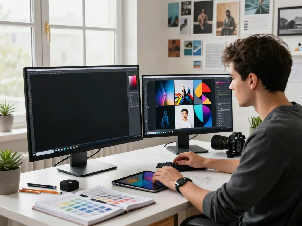 Vibrant digital workspace with graphic designer using an image variation generator tool to create unique visuals.