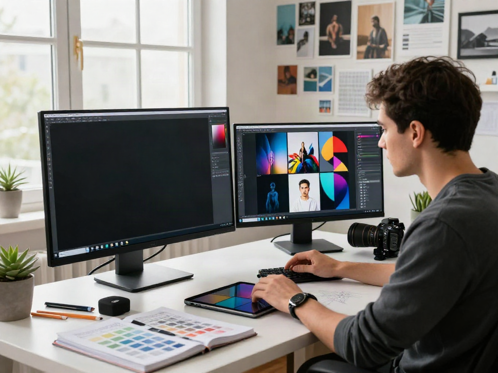 Vibrant digital workspace with graphic designer using an image variation generator tool to create unique visuals.
