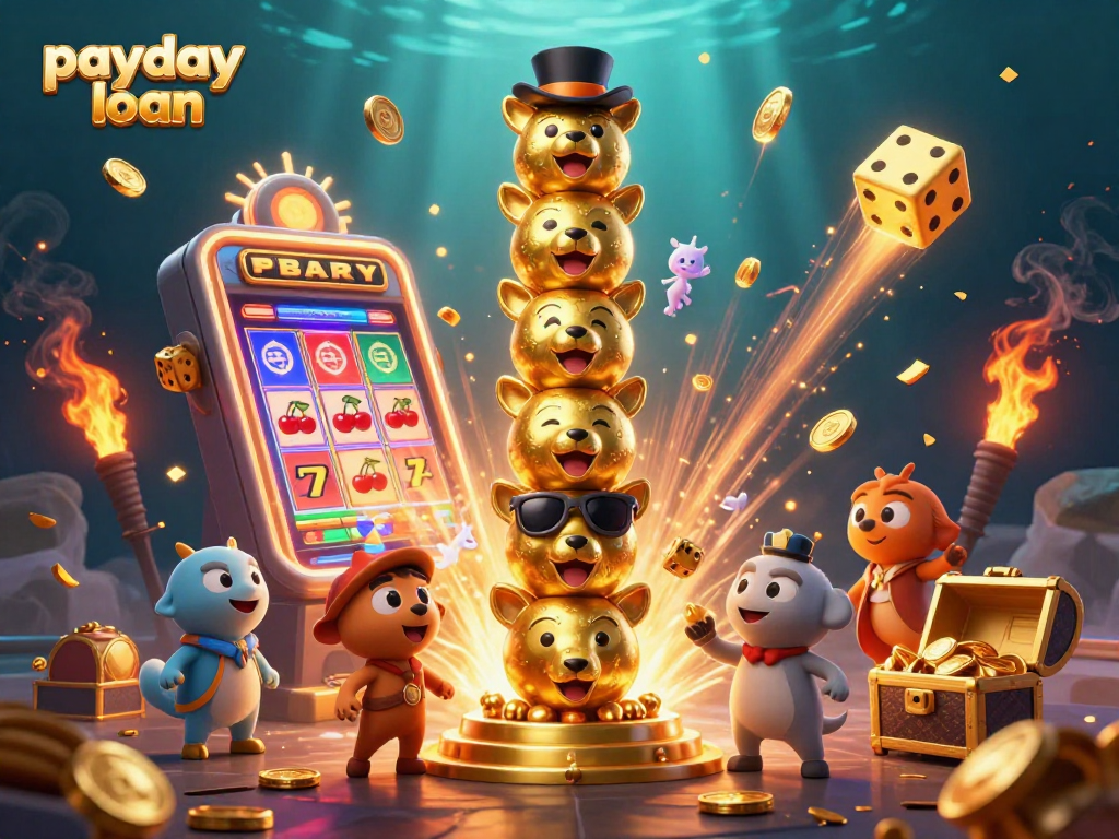 Experience the excitement of a payday loan with animated 3D characters and jackpot elements bursting in color.