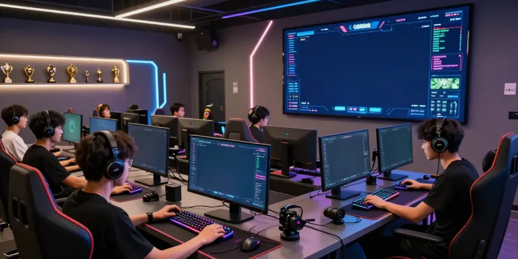 Dynamic gaming scene showcasing qqmacan login interface with gamers in action.
