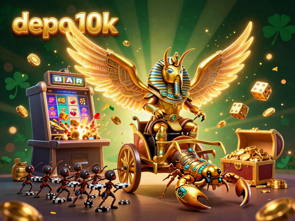 Experience the thrill of depo 10k with a vibrant casino scene showcasing our golden scarab character and dynamic gaming elements.