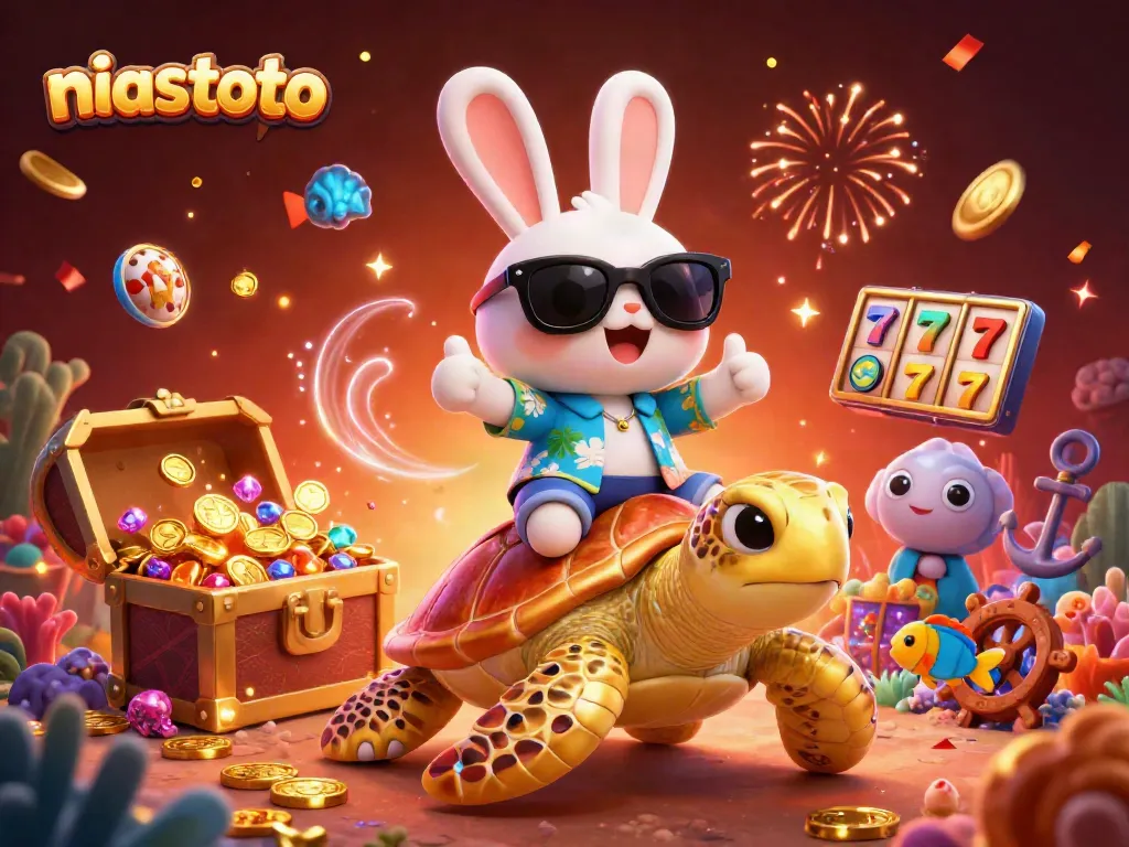 Join exciting niastoto gaming adventures with a lucky rabbit and golden turtle in a vibrant casino scene.