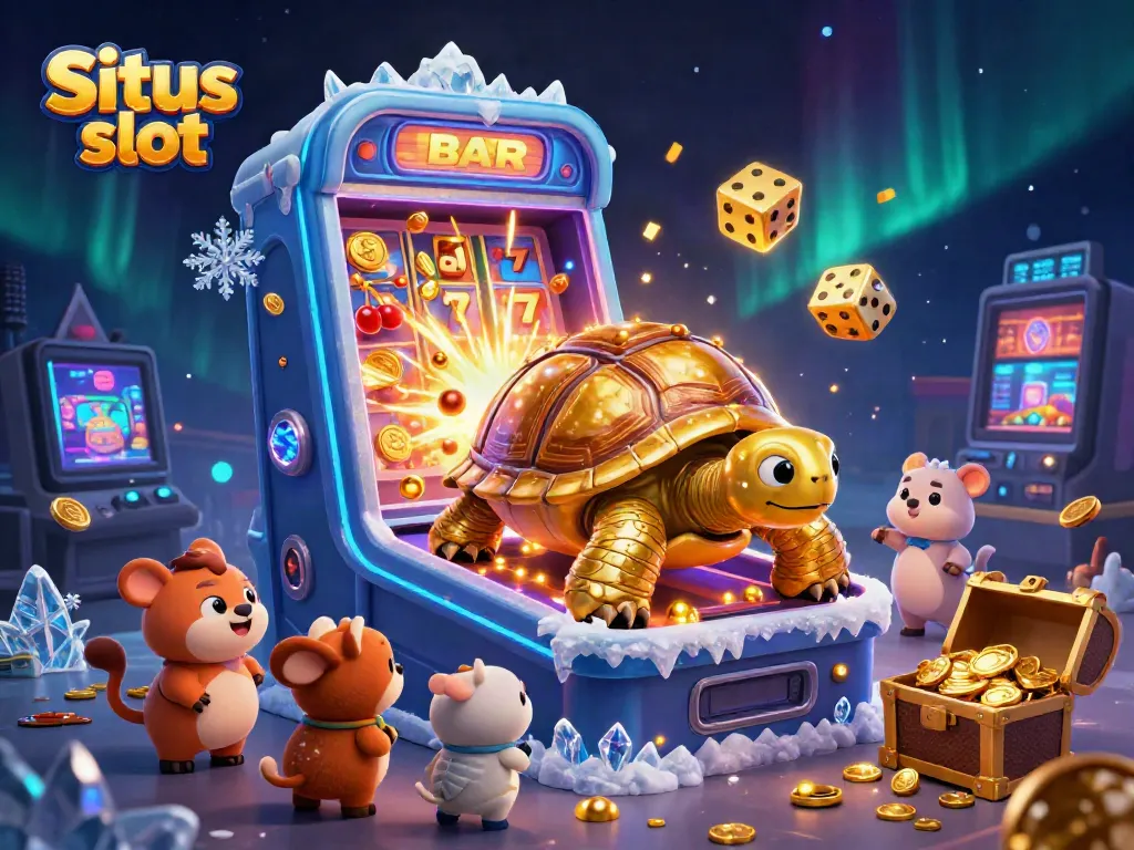 Engage in Situs slot with a charming scene of a golden tortoise and exciting slot machine action.
