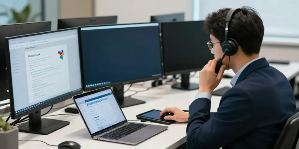 Hotmail support Canada service agent assisting a user in a modern office.