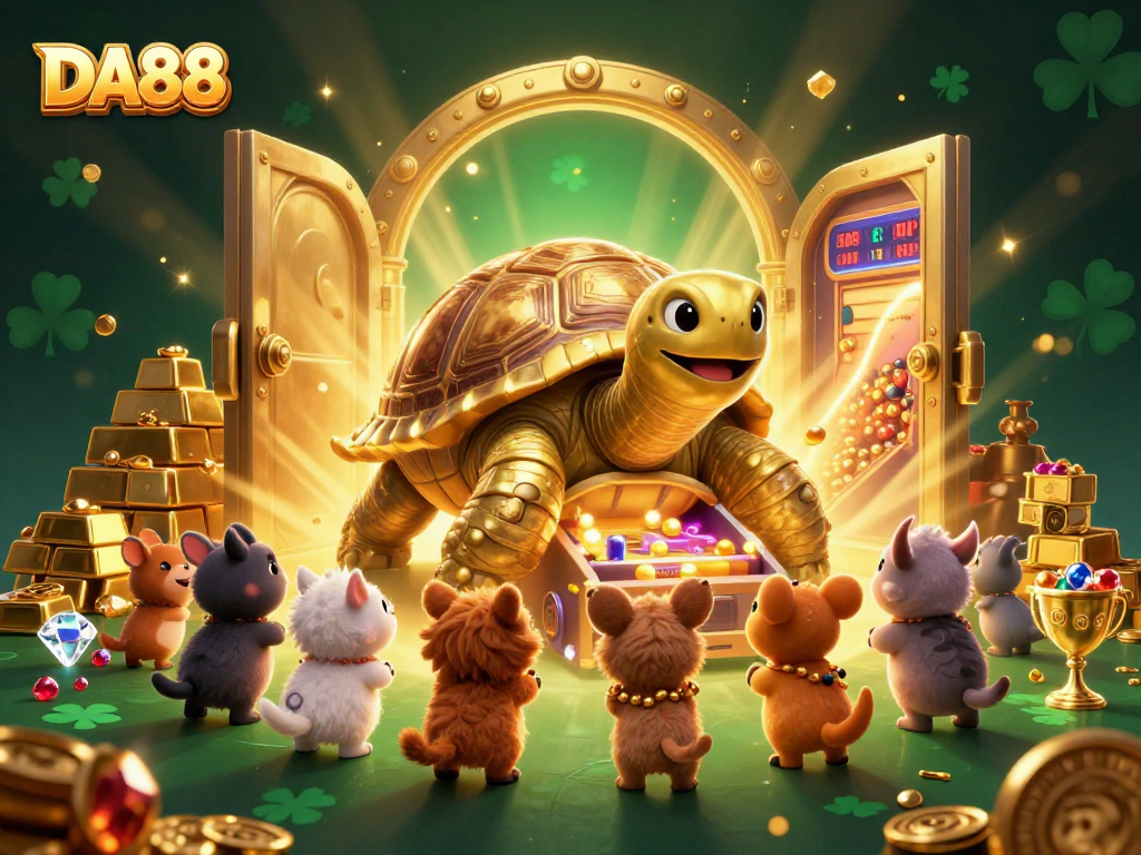 Experience thrilling DA88 gameplay with a golden tortoise pinball machine surrounded by sparkling treasures.