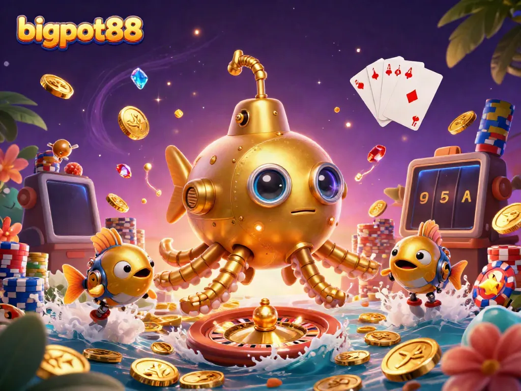 Engage with bigpot88 as the golden kraken submarine surfaces in a treasure of coins and gaming elements.