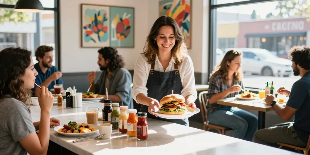 Best breakfast Austin café scene with vibrant sandwiches and happy patrons.